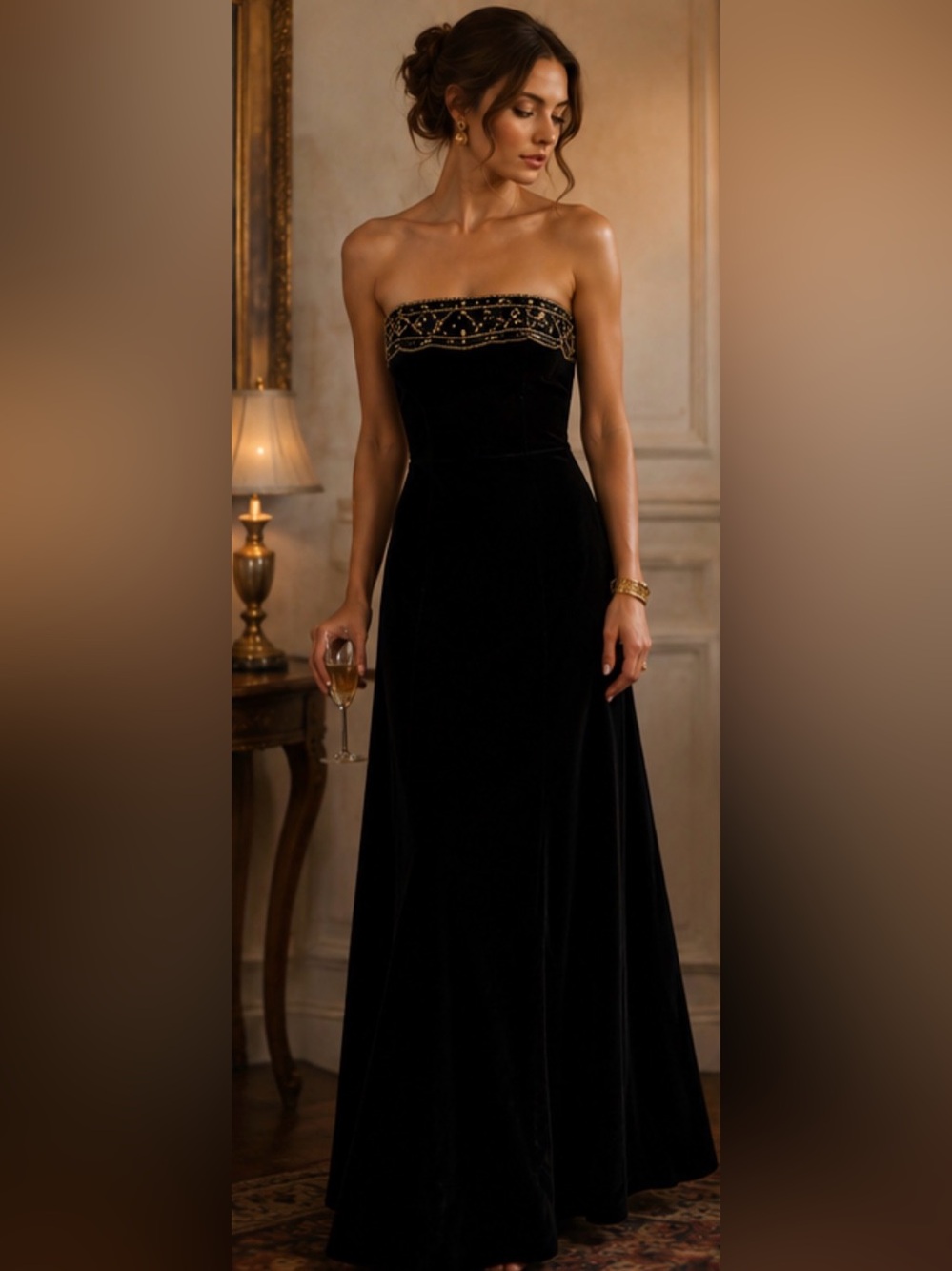 Vintage Gunne Sax Strapless Black Velvet Gown with Gold Beaded Bodice